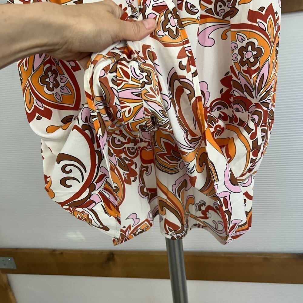 Boho Paisley Floral Ruffle Sleeve Empire Waist Mini Dress Orange Brown White S * - Picture 8 of 13